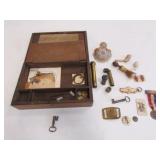 civil war era wood box,pipes,buckle & items