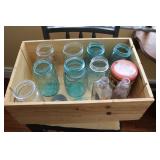 wood box,canning jars & old bottles