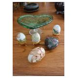 glass heart dish,eggs & items