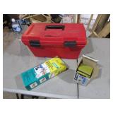 red toolbox,staples,dowel pro kit & items