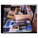 staples,caulking,wood box & items