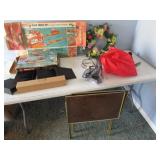 tv trays,wreath,empty toy boxes & items