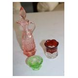 pink glass cruet,toothpicker & eyedrop