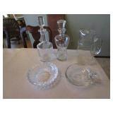 2 decanters,pitcher & 2 dishes