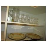 brass plates,glass pitcher,glasses