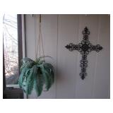 3 metal crosses & hanging plant