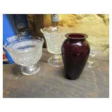 red ruby glass vase & 3 glass compotes