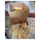 box of items incl:smurf game,ballcards,papers