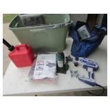 tote,bottle jack,gas can,paint sprayer & items
