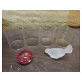 glass bird,paperweight & 4 glass items