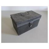 old black tin & items inside