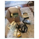 box of items incl:travel clocks,ice crusher,items