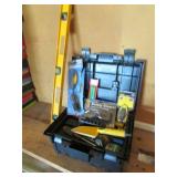 black toolbox,level,tools & bulbs