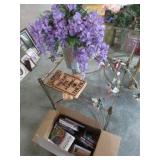 box of dvd's,cd's,wall hanging & vase w/flowers