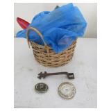 basket,antique wrench,belt buckle & items