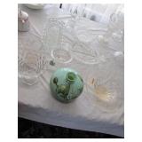 murano roll rim bowl,green vase,fostoria,glassware