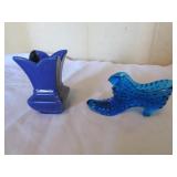 blue glass shoe & small vase