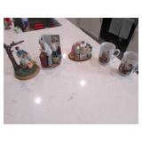 3 norman rockwell figurines & 2 mugs