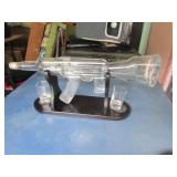 glass gun decanter w/stand & glasses