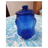blue glass planters peanut jar w/lid