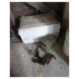 wood white box,horse tack items & ammo can
