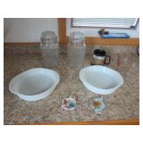 pyrex pie dishes,2 canisters,agricenter mug,items