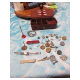 military pins,buttons,knife,watch,box & items