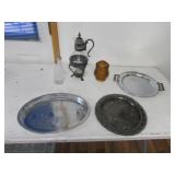 serving trays,amber glass candleholder & items