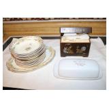 dishes,butter dish & recipe box