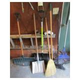 snow shovels,rake,brooms & items