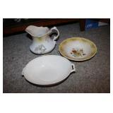 hand painted porcelain pitcher & 2 dishes