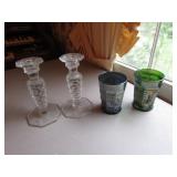 fostoria glass candleholders & carnival glasses