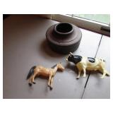 wood item & plastic cow & horse
