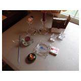 pair of crystal candleholders,ashtray & items