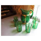 green & gold glass pitcher w/glasses