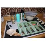 crock bowl,,farm figurines,towel holder & items