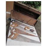 carpenters toolbox w/saws & some tools