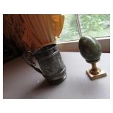 marble egg on brass stand & plated mug