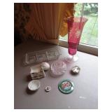 etched cranberry vase,glassware & items