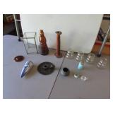 wall pocket,wood spool,bottles,nippon dish,items