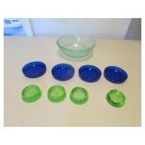 green furniture sliders,blue glass coasters & bowl