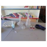 2 glass decanters,salt n pepper,glassware & items