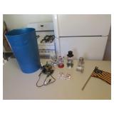 christmas decorations,flags,playing cards,trashcan