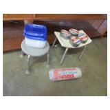 2 stools,plastic wrap,duct tape & tupperware