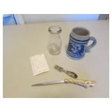 german frog stein,letter opener,fork & milk bottle