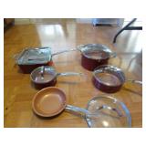 hardly used red copper pot & pan set
