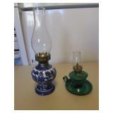 green metal oil lamp & blue oil lamp