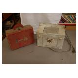 kids toy stove & suitcase w/items