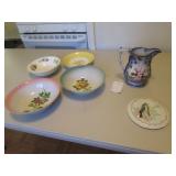 ironstone pitcher w/flow blue,bowls & plate