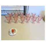 pink fostoria glasses & cardinal ornament